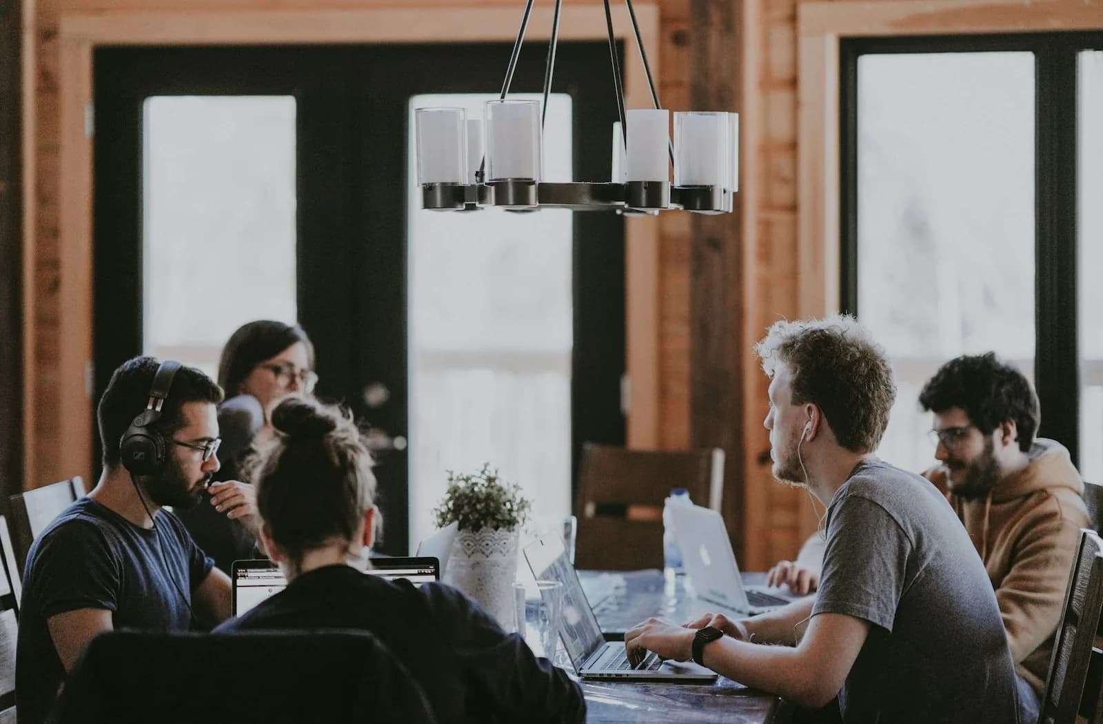 Team collaborating on a project in a modern office